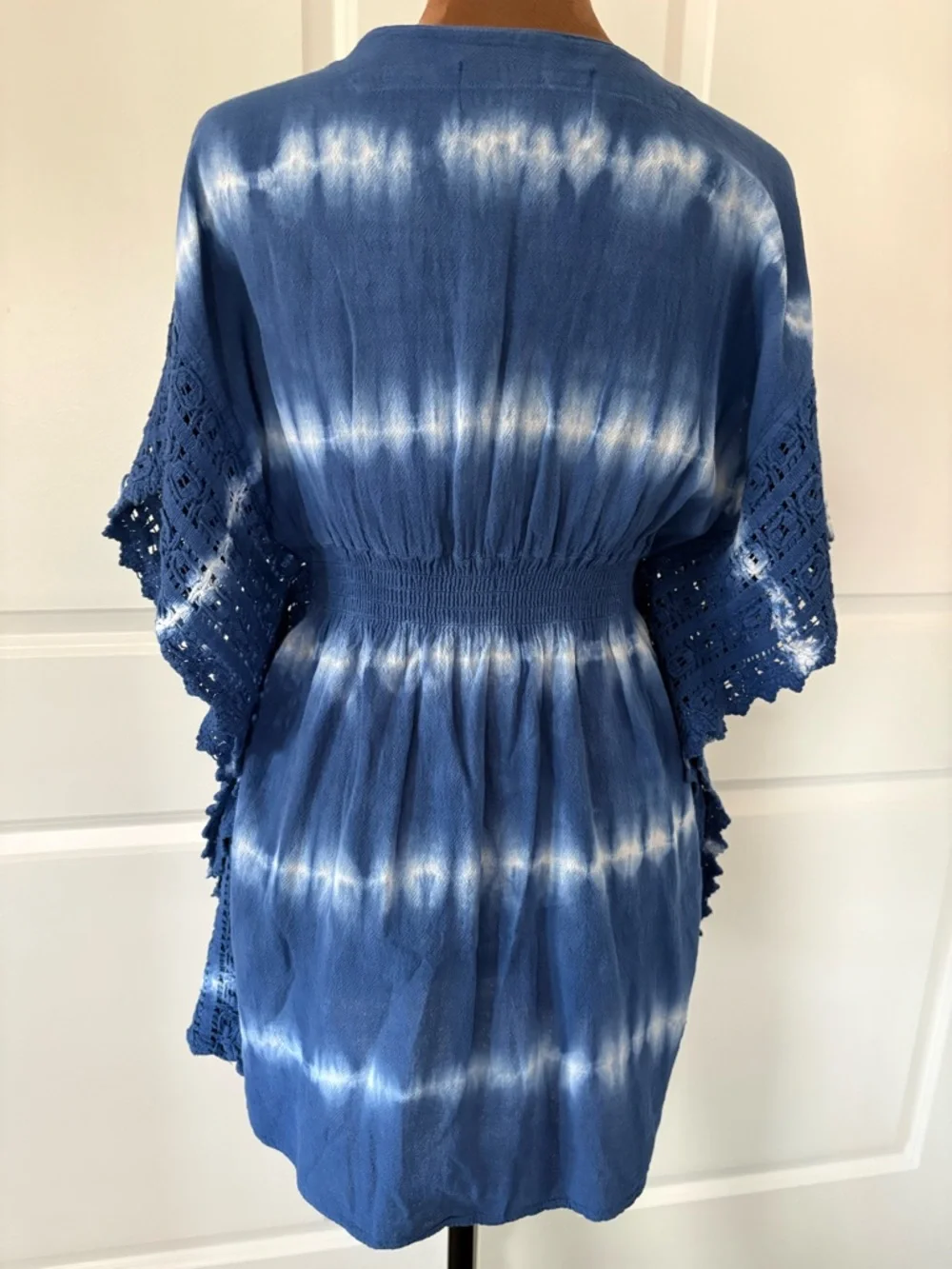 Blue Tie-Dye V-Neck Crochet Sleeve Dress - resort ware / coverup - S - Picture 2 of 6